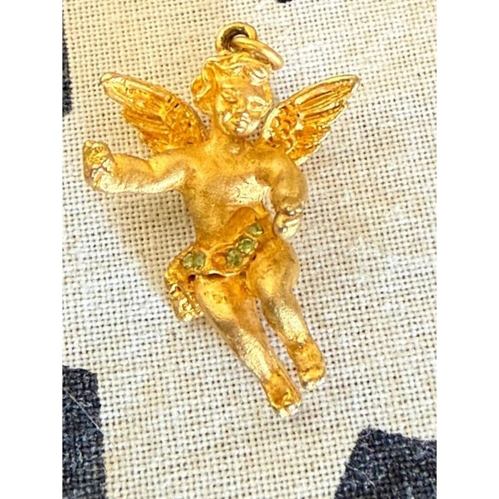 Vintage Gold Tone Cherub Angel Pendant with Green Rhinestones